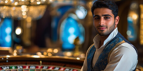 Close-up portrait of a young, confident Arabian croupier standing next to a roulette table in an opulent casino setting. Elegant, sophisticated, and engaging