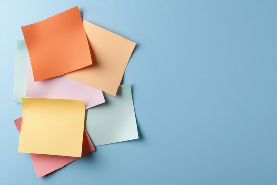 A collection of colorful sticky notes arranged on a blue background, perfect for reminders, organization, and creative projects.