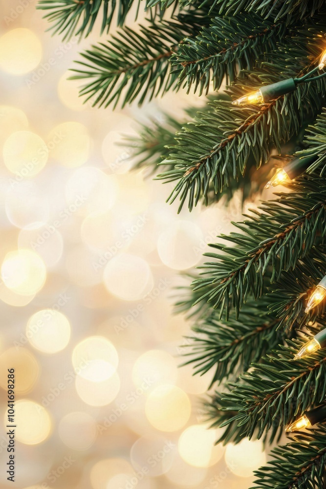 Poster close-up of a lush evergreen tree branch adorned with warm, glowing lights, creating a festive atmos