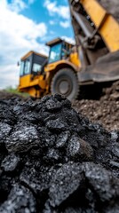Industrieller Bergbau: Nahaufnahme eines Kohlehaufens mit schwerer Maschinerie im Einsatz