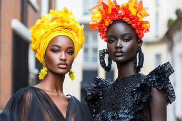 African and Asian models wearing upcycled plastic fashion, avant-garde styling, environmental statement fashion campaign