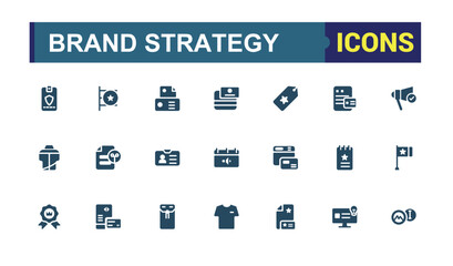 Set of Brand strategy solid icons. Containing logo design, marketing, advertising, business card, promotion. Filled icon collection. Pixel perfect vector illustration.