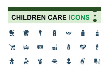 Set of childcare care filled icons. Related to child care, parenting, family, daycare, safety, childhood development. Filled icons collection. Pixel perfect. Vector illustration.