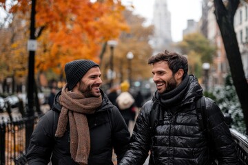 Two men, dressed for warmth in coats and scarves, share smiles while they take a leisurely walk through a lively city street framed by autumn's colorful leaves.