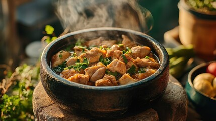 Heiße Steinschüssel mit saftigem Hähnchen und Gemüse für kulinarische Enthusiasten