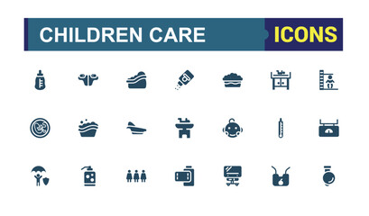 Set of childcare care filled icons. Related to child care, parenting, family, daycare, safety, childhood development. Filled icons collection. Pixel perfect. Vector illustration.