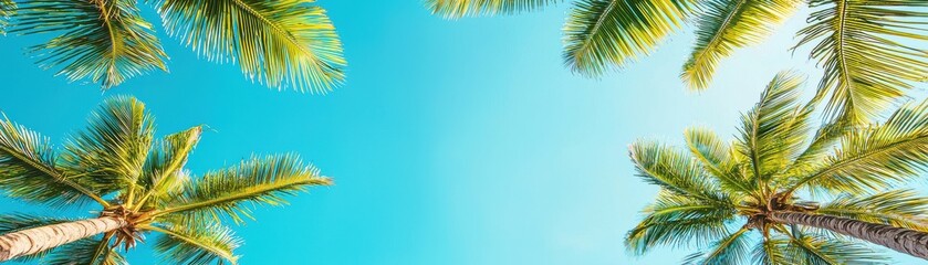 Fototapeta premium A vibrant view of palm trees against a clear blue sky, perfect for evoking a tropical paradise atmosphere and enhancing summer vibes.