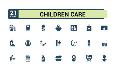 Set of childcare care filled icons. Related to child care, parenting, family, daycare, safety, childhood development. Filled icons collection. Pixel perfect. Vector illustration.