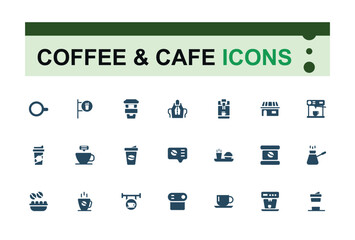 Set of coffee and cafe filled icons set. Related to coffee shop, beans, espresso, coffee cup, barista, brewing, cappuccino. Solid icons collection. Pixel perfect vector illustration.