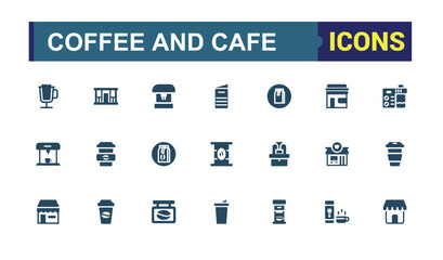 Set of coffee and cafe filled icons set. Related to coffee shop, beans, espresso, coffee cup, barista, brewing, cappuccino. Solid icons collection. Pixel perfect vector illustration.