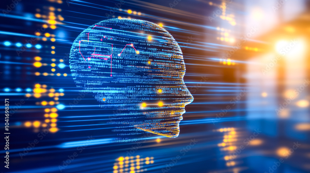Poster an outlined digital head with glowing data flow, exemplifying the concept of technology’s impact on 