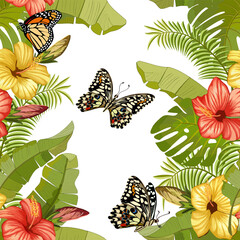 Pattern with exotic flowers and butterflies.Bright tropical flowers, leaves and butterflies in a seamless pattern.