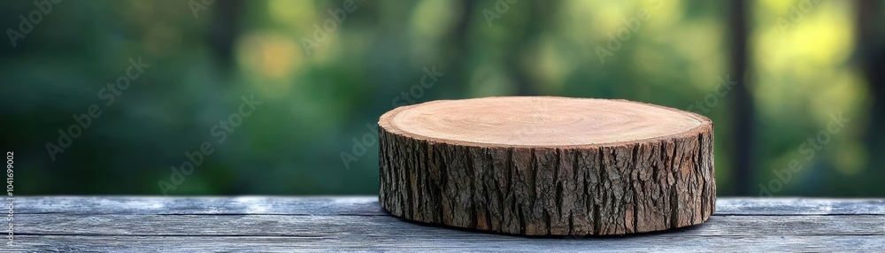 Poster a rustic wooden log slice placed on a weathered table, surrounded by a blurred forest backdrop, perf