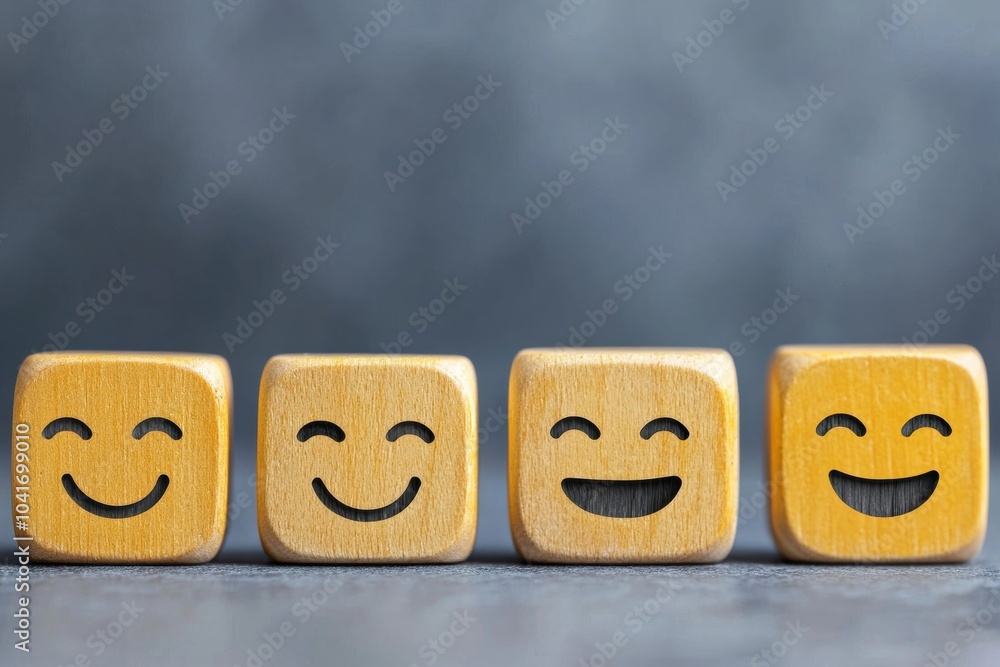 Poster four wooden blocks with smiley faces representing different emotions. ideal for concepts of happines