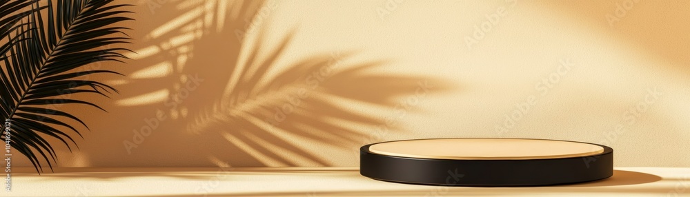 Aufkleber a minimalist display platform styled against a warm, beige background. soft shadows from a palm leaf