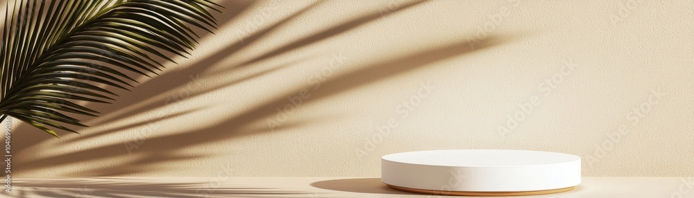 Poster minimalistic display with a round white pedestal against a textured background, highlighted by the s