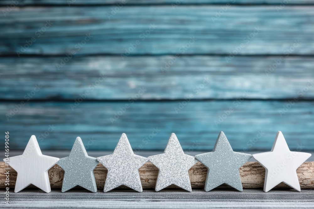 Poster a serene display of decorative stars on a wooden surface, perfect for adding a touch of charm and wh