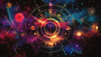 Obraz premium Vibrant geometric abstract astrology illustration for cosmic poster design