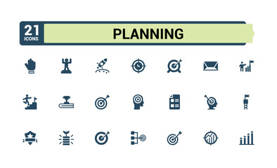 Set of planning solid style icons. Related to target, success, achievement, milestone, progress, planning, motivation filled icons collection. Editable vector illustration.