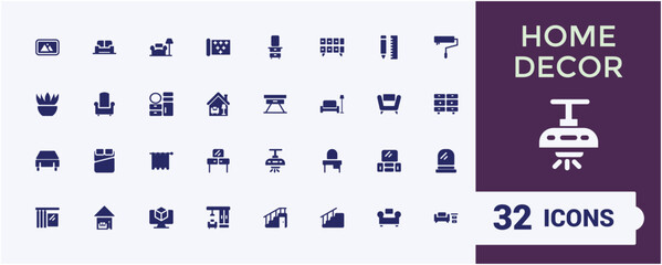 Home decor filled icons collection. Related to furniture, Interior Design, architecture, space planning modern style and layout. Minimal solid icon set. Vector illustration.