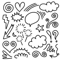 hand drawn set element,black on white background.arrow,heart,love,star,leaf,sun,light,flower,daisy,crown,king,queen,swishes,swoops,emphasis,swirl,heart,for concept design