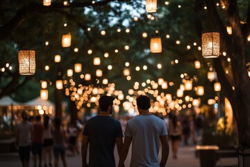 A couple walks hand in hand under a beautifully arranged canopy of glowing bulbs, creating a romantic and intimate atmosphere in the midst of a bustling walkway.