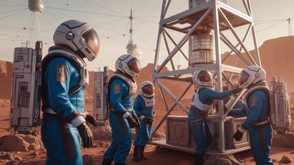 “Space Explorers on Mars: Astronauts Assembling Equipment on the Red Planet”