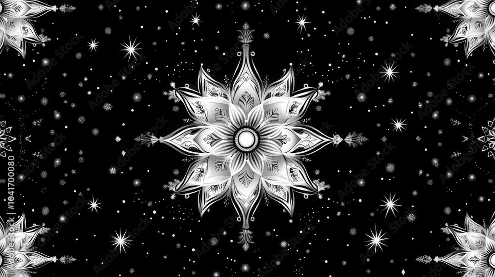 Poster geometric patterns with floral designs on a black background creating a striking visual effect