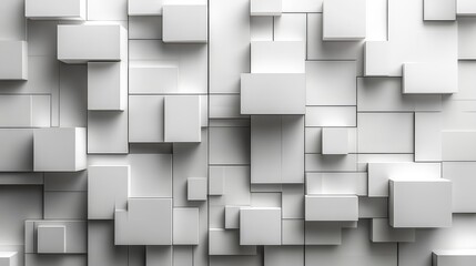 A textured wall displays an arrangement of 3D white geometric blocks, creating a modern abstract design that enhances the artistic ambiance of the room.