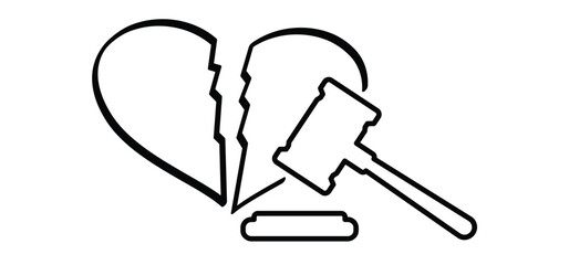 Cartoon family divided broken heart, man and woman and Gavel with the law. Divorce, Marriage problem. Cracked heart symbol. Wife and husband cannot reach a settlement. Judge hammer sign.