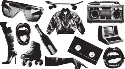Set of 1980s and 1990s vintage halftone grunge vector design elements