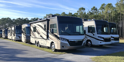 A row of new motorhomes displayed at a dealership under bright skies, highlighting recreational vehicles ready for sale, perfect for travel enthusiasts and road trips