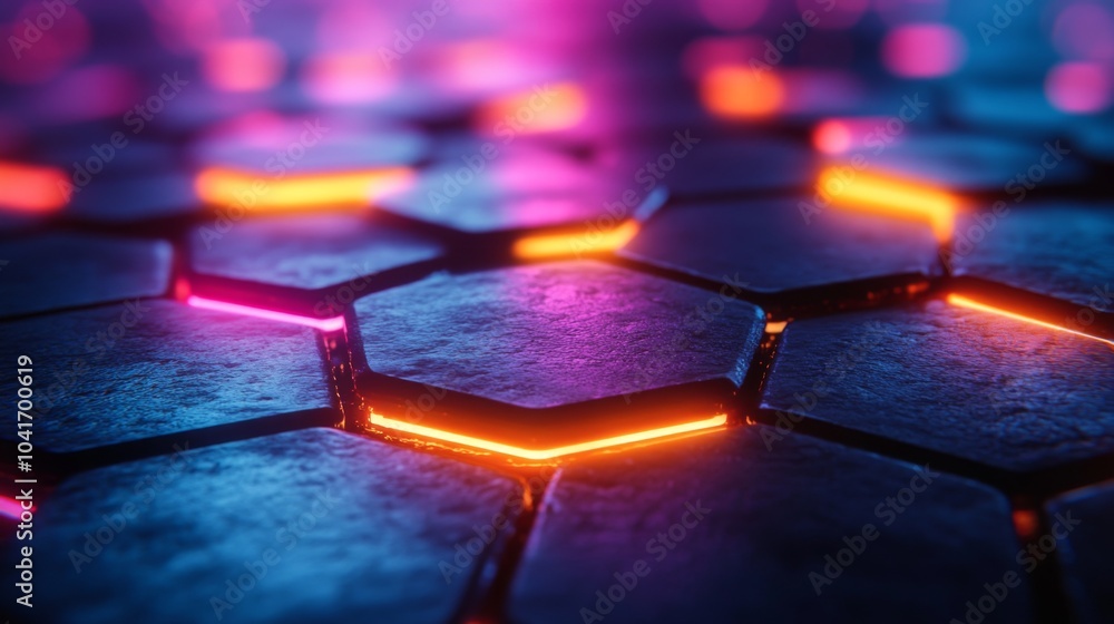 Leinwandbilder Glowing hexagonal shapes form a visually captivating pattern, illuminated by vibrant shades of purple and orange. The dynamic lighting enhances the futuristic atmosphere.