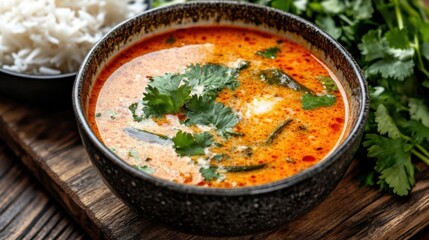 Würzige Schüssel würzige Rasam-Suppe mit Reis für eine kulinarische Entdeckungsreise