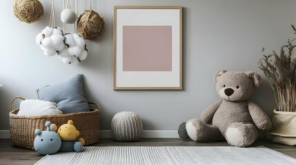 Cozy Playroom Decor with Teddy Bear,  Pillows, and a Basket