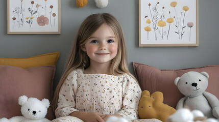 Little Girl Smiles with Stuffed Animals in a Cozy Room