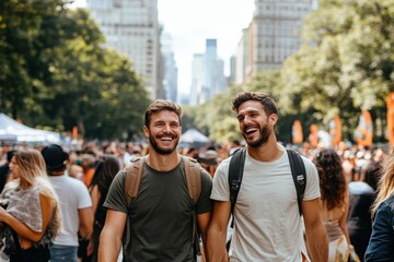 Two smiling men walk through a crowded urban park, surrounded by people and greenery, wearing...