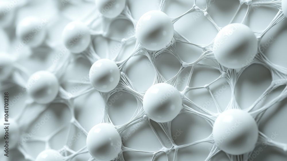 Fototapete A detailed view of a molecular framework displaying interconnected white spheres, emphasizing the intricate relationships between them. The design highlights modern scientific themes.