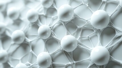 A detailed view of a molecular framework displaying interconnected white spheres, emphasizing the intricate relationships between them. The design highlights modern scientific themes.