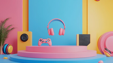 Colorful empty podium with headphones, gamepad and decor elements. 3d rendering illustration. Generative AI .