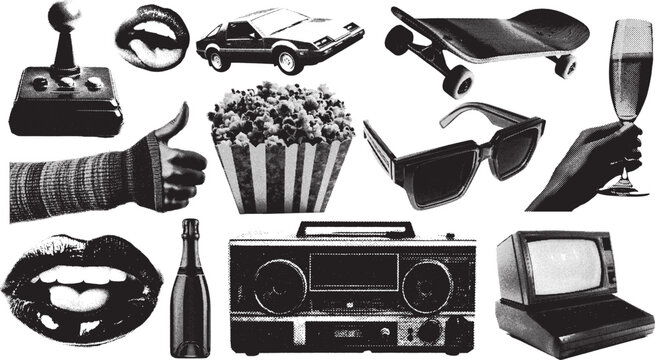 Set of 1980s and 1990s vintage halftone grunge vector design elements