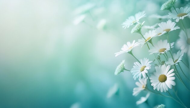 White chamomile  flowers in mint background soft gradient