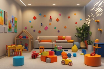 A modern playroom with a neutral base, accented by colorful furniture, bright wall decals, and vibrant toys scattered throughout, creating a lively environment.