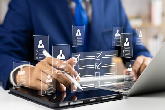 Human resource management technology (HR), Human resource manager touching human resource network structure and checks the CV online to choose the perfect employee for company, Effective recruitment.