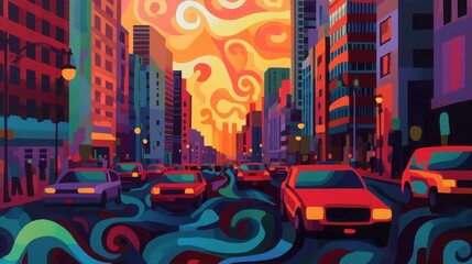 Naklejka premium Geometric abstract urban scene with vibrant colors and busy traffic for modern art designs