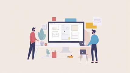 Obraz premium Collaborative project management on digital platform, flat design, front view, tech theme, animation 