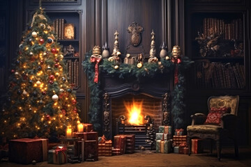 The tradition when Santa Claus brings gifts under the decorated Christmas tree by the family fireplace.