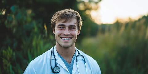 A portrait of a young, smiling doctor in a white coat with a stethoscope around his neck. The bright and professional setting reflects modern healthcare and compassionate patient care.