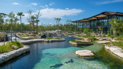 Obraz premium A modern zoo with a variety of animal exhibits, featuring aquariums with exotic marine life, and educational tours for visitors