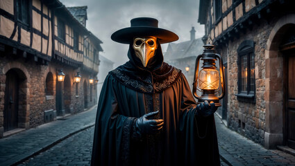 Plague doctor wearing mask and holding lantern walking in medieval town during outbreak of bubonic plague